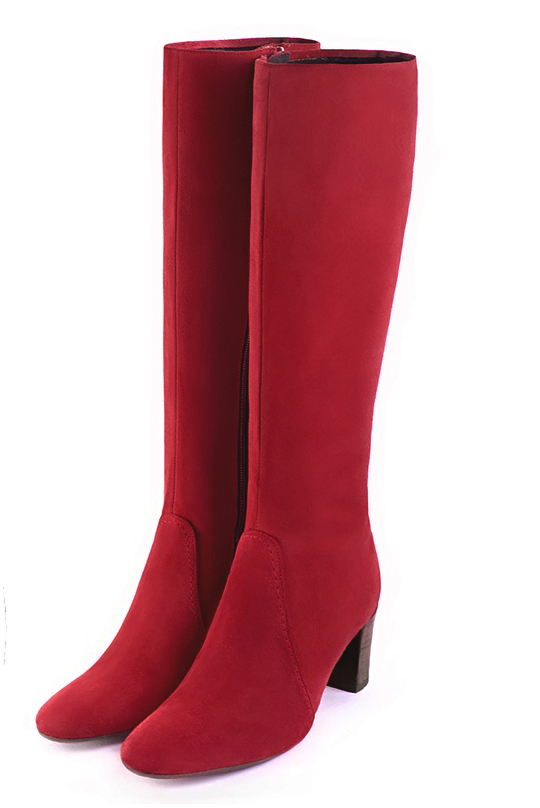 Cardinal red women's feminine knee-high boots. Round toe. Medium block heels. Made to measure. Front view - Florence KOOIJMAN